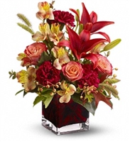 Autumn floral arrangement with orange roses, red Asiatic lilies, burgundy carnations, and seasonal accents in a red glass cube vase Autumn floral arrangement with orange roses, red Asiatic lilies, burgundy carnations, and seasonal accents in a red glass cube vase